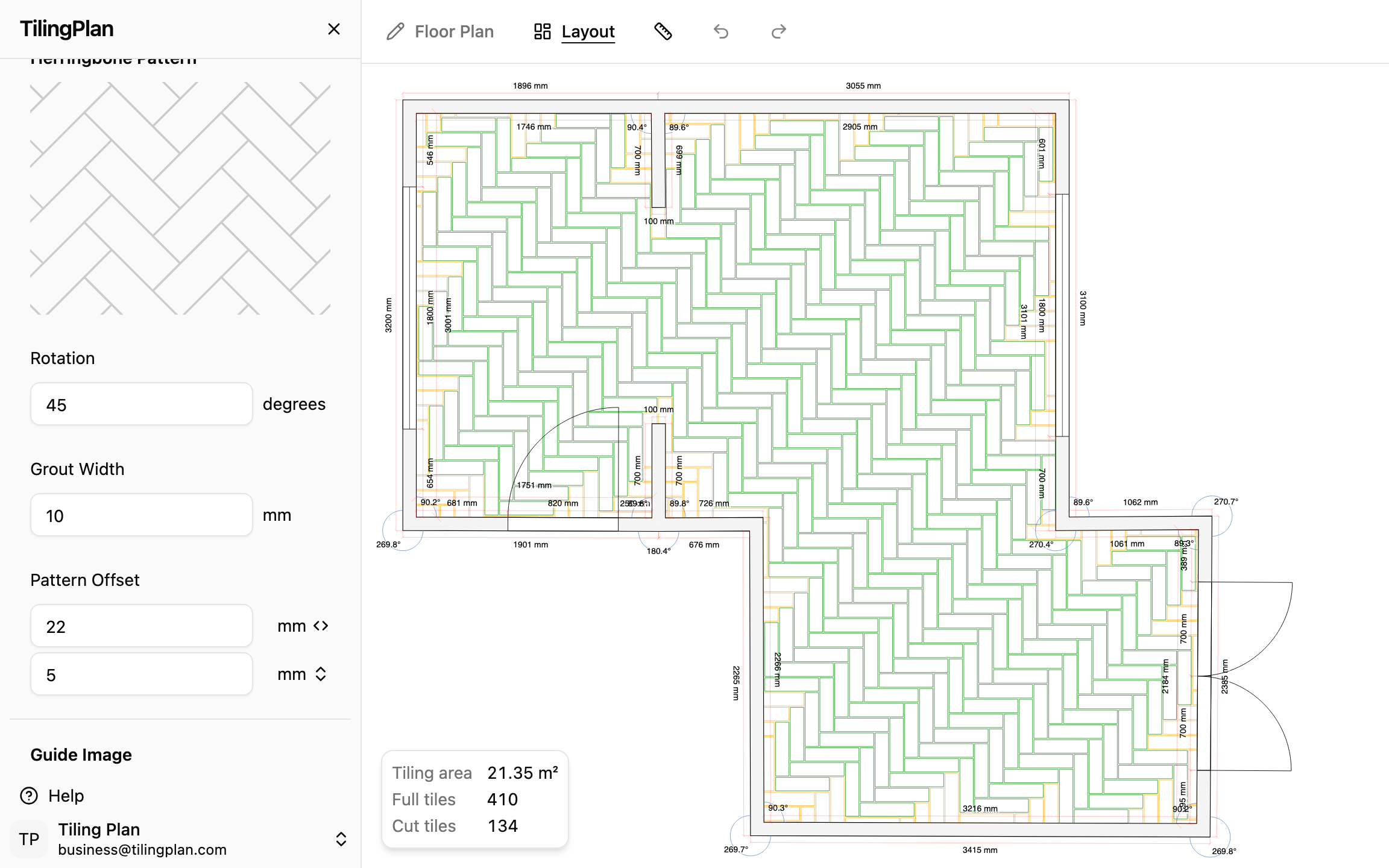 TilingPlan editor showing a tile layout on a floor plan