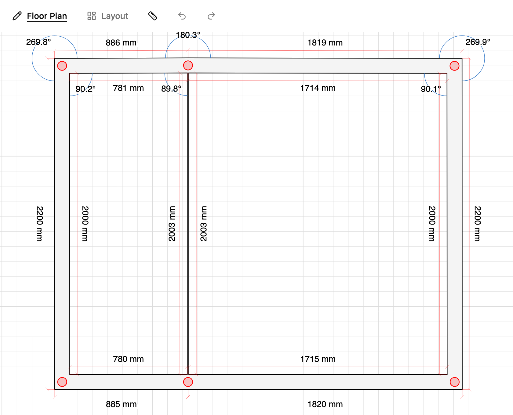 Offshoot joined onto a boundary wall on an unwrapped shower plan in TilingPlan